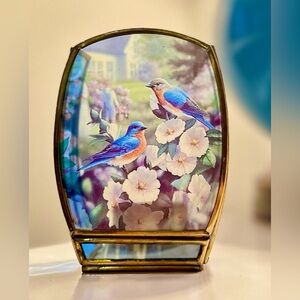 Vintage Enesco Eastern Bluebird Brass & Glass Votive Candle Holder